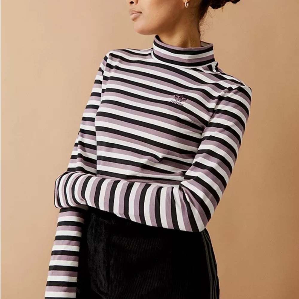 Adidas Urban Outfitters White Purple Stripe Long Sleeve Mock Neck Top Medium